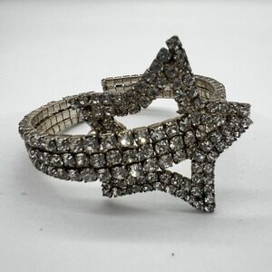 Vintage Rhinestone Star Stretch Bracelet –‎ Silver Tone Statement Cuff Style